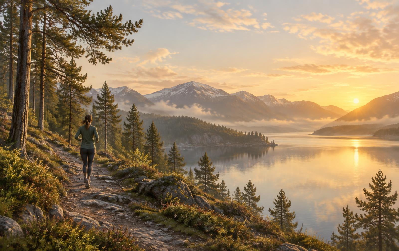 Løper på en rolig sti ved en innsjø i solnedgang